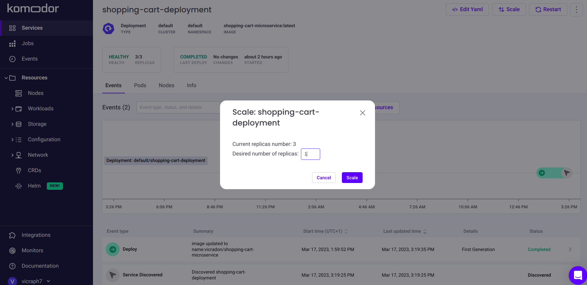 scale a deployment on Komodor