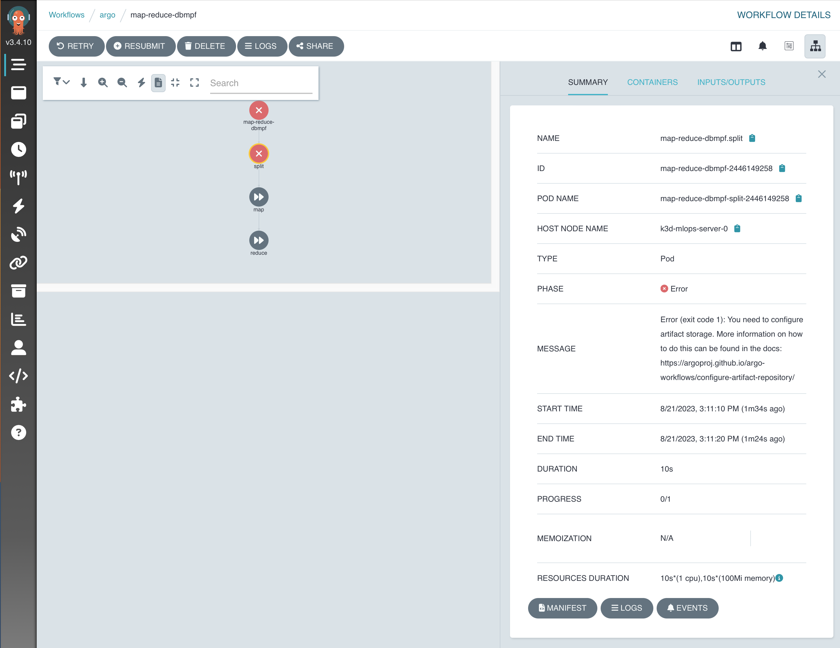 Visualizing an error in the Argo UI