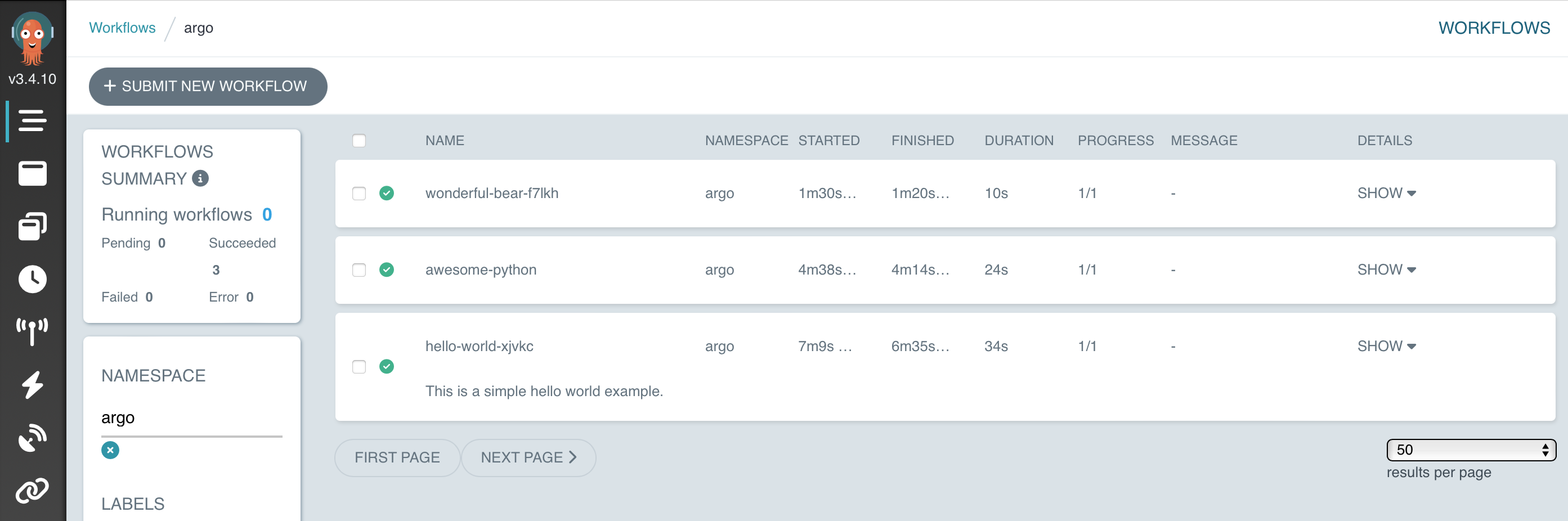 Workflows list in the Argo UI